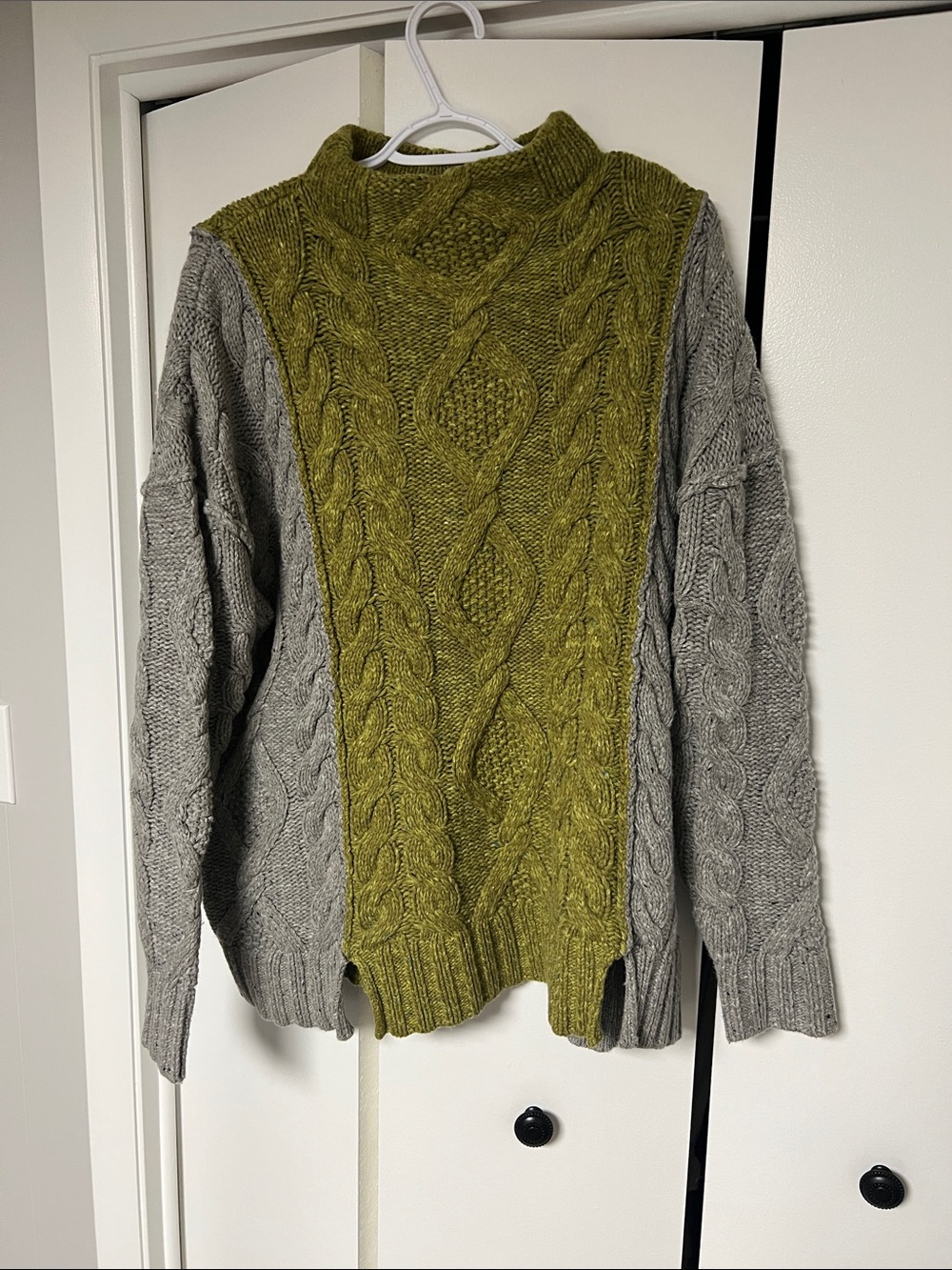 Free People Two-Tone Olive & Gray Cable Turtleneck Sweater